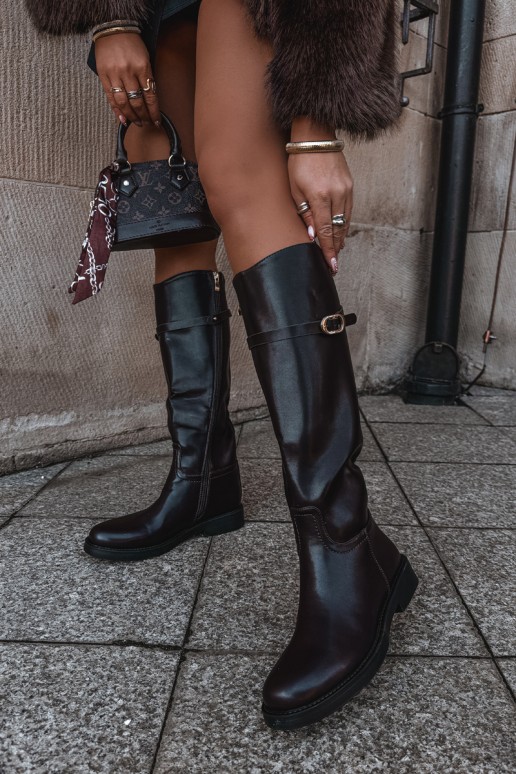 Women's knee-high boots with wide heels and straps with buckles in chocolate color Sylvena