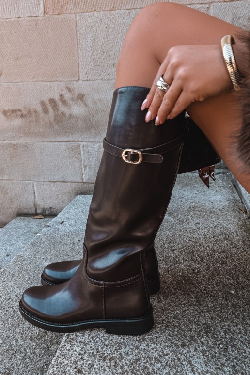Women's knee-high boots with wide heels and straps with buckles in chocolate color Sylvena