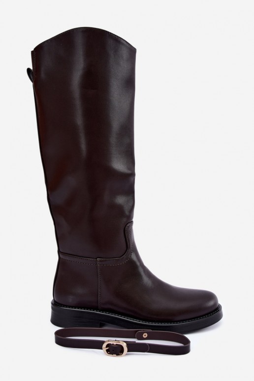 Women's knee-high boots with wide heels and straps with buckles in chocolate color Sylvena