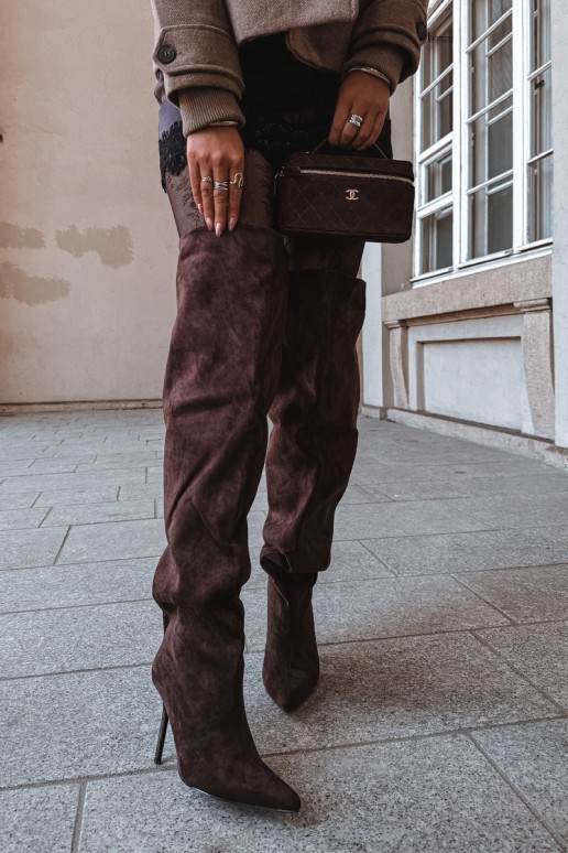 Women's knee-high boots with slim heels in brown color Aderelle