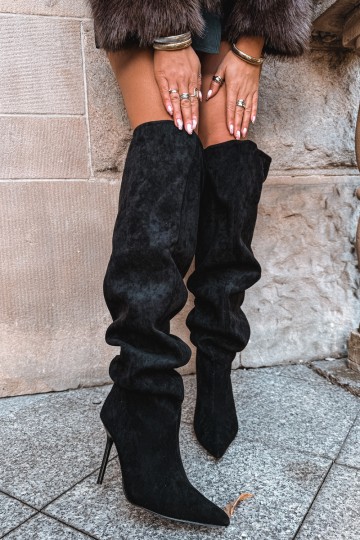 Women's knee-high boots with slim heels in black color Aderelle