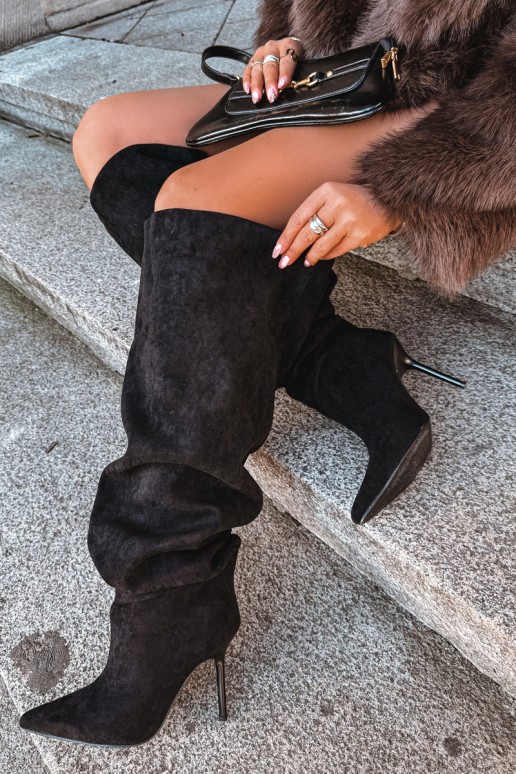 Women's knee-high boots with slim heels in black color Aderelle
