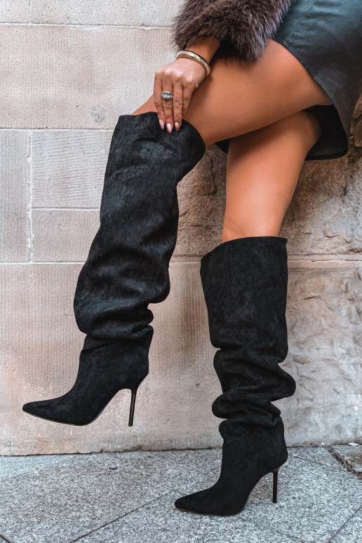Women's knee-high boots with slim heels in black color Aderelle