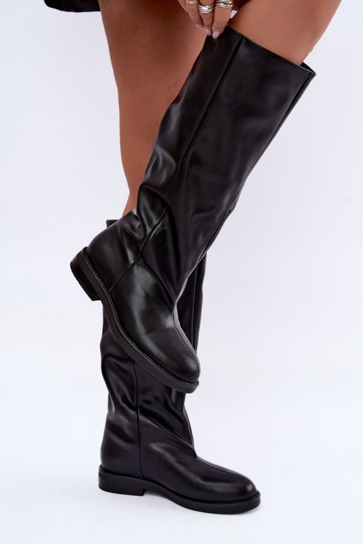 Slip-on knee-high boots with wide heels in black color Pavellea