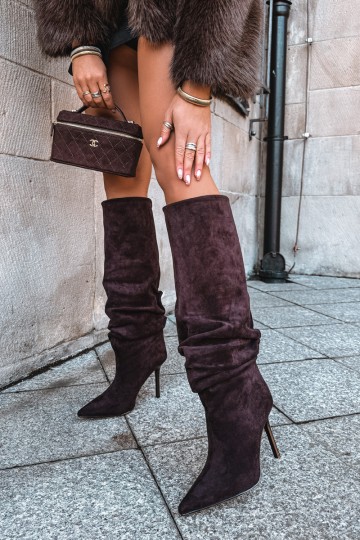 Chocolate slip-on knee-high boots with thin heels Balira
