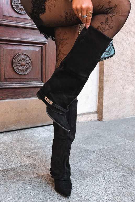 Warm knee-high boots with sewn-in choleika and heels in black Jorella