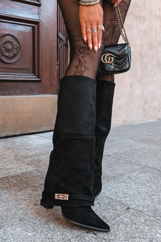 Warm knee-high boots with sewn-in choleika and heels in black Jorella