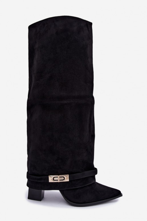 Warm knee-high boots with sewn-in choleika and heels in black Jorella