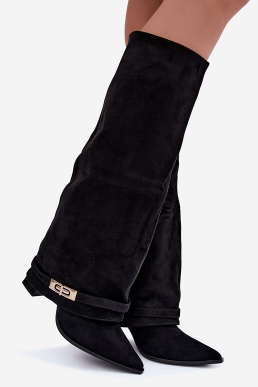 Warm knee-high boots with sewn-in choleika and heels in black Jorella