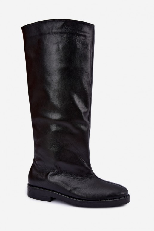 Warm leather knee-high boots with wide heels in black Zazoo 542