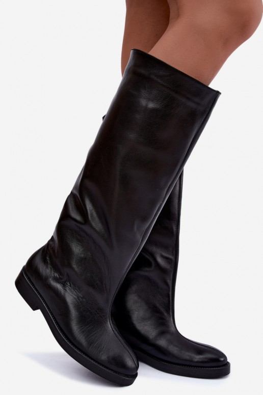 Warm leather knee-high boots with wide heels in black Zazoo 542