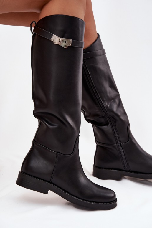 women's knee-high boots with decorated heels in black faux leather Palisse