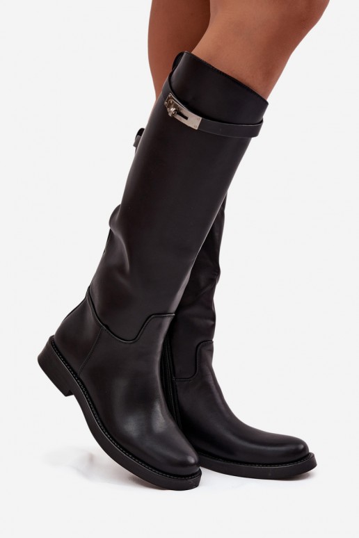 women's knee-high boots with decorated heels in black faux leather Palisse