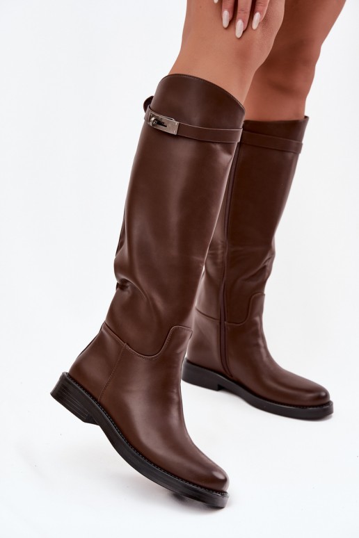women's knee-high boots with decorated heels in brown faux leather Palisse