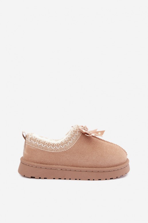 children's snow boots with embroidered flowers and bow in sand color Ysmerine