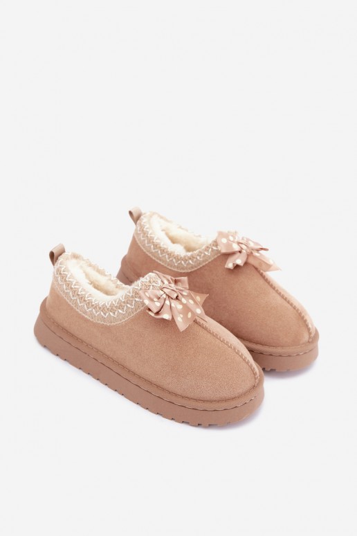 children's snow boots with embroidered flowers and bow in sand color Ysmerine