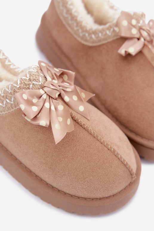 children's snow boots with embroidered flowers and bow in sand color Ysmerine