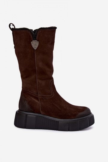 women's knee-high boots made of brown faux suede with wool Zazoo 2