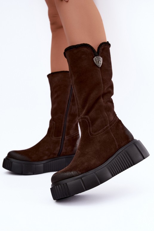 women's knee-high boots made of brown faux suede with wool Zazoo
