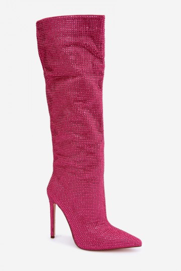 knee-high boots with thin heels and sparkling eyelets in pink color Lovisa