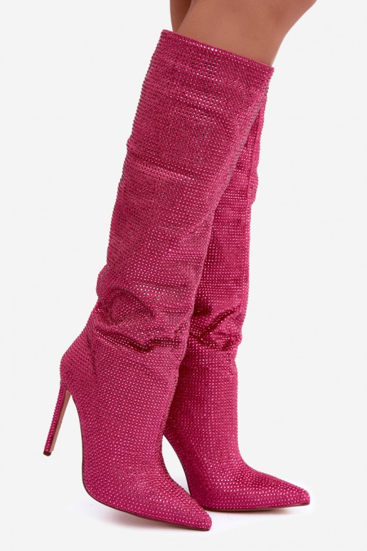 knee-high boots with thin heels and sparkling eyelets in pink color Lovisa