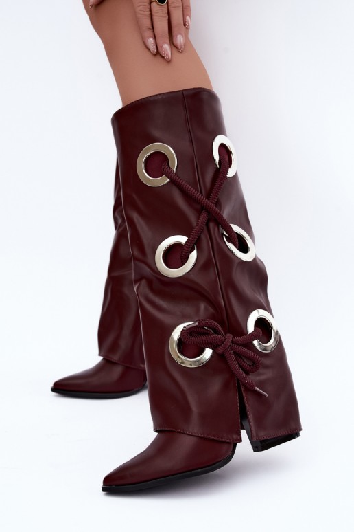 knee-high boots with laced shaft and decorative laces in burgundy color Pamina