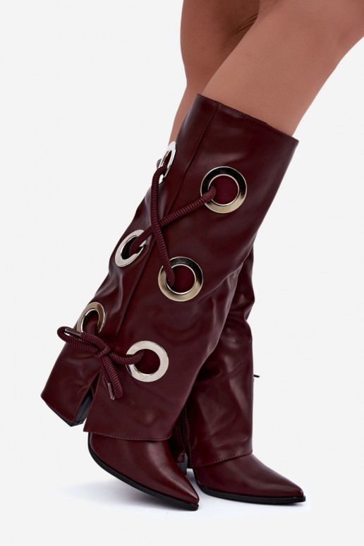 knee-high boots with laced shaft and decorative laces in burgundy color Pamina