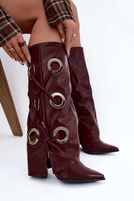 knee-high boots with laced shaft and decorative laces in burgundy color Pamina