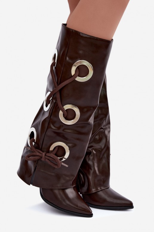 knee-high boots with laced shaft and decorative laces in chocolate color Pamina