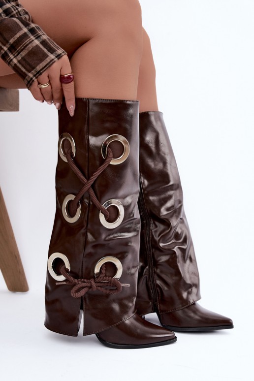 knee-high boots with laced shaft and decorative laces in chocolate color Pamina