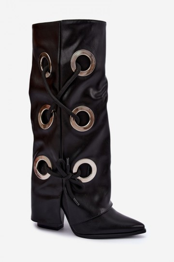 knee-high boots with laced shaft and decorative laces in black color Pamina