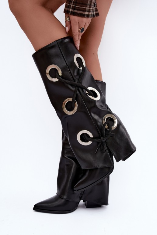 knee-high boots with laced shaft and decorative laces in black color Pamina