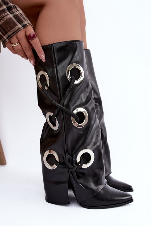 knee-high boots with laced shaft and decorative laces in black color Pamina