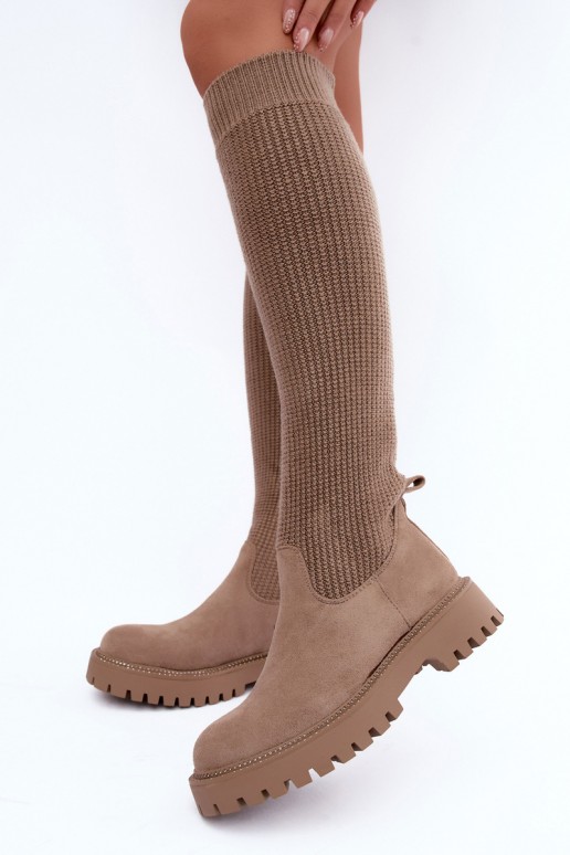 knee-high boots with sock-type shaft in sand color Sarielle
