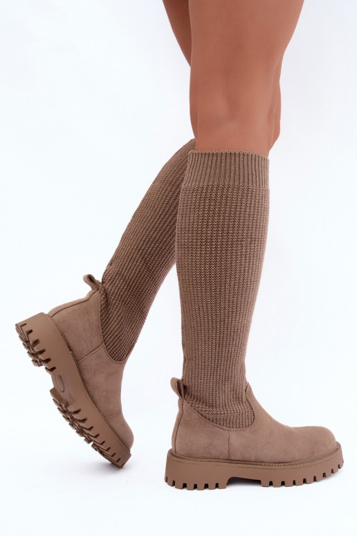 knee-high boots with sock-type shaft in sand color Sarielle