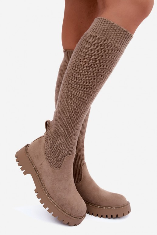 knee-high boots with sock-type shaft in sand color Sarielle