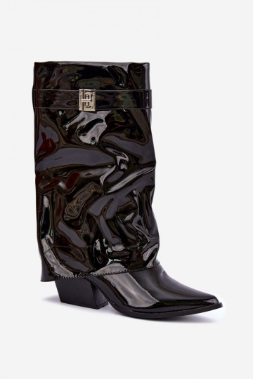 Black knee-high boots with a patent effect and a pointed toe Aelia