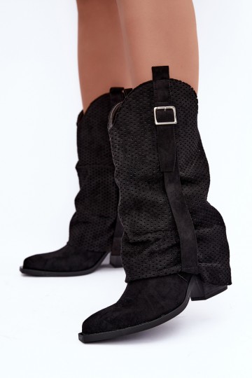 Black cowboy-style knee-high boots with a pointed toe and heels Calenne 2