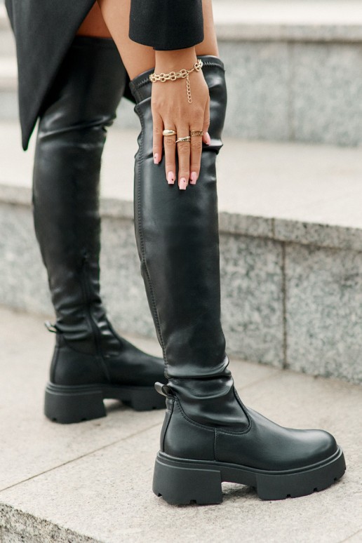 Black over-the-knee boots with platform made of faux leather Loreviana