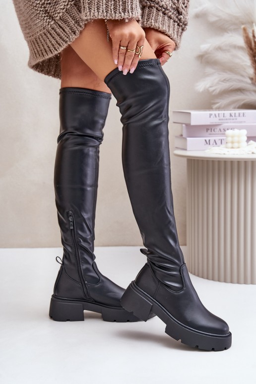 Black over-the-knee boots with platform made of faux leather Loreviana
