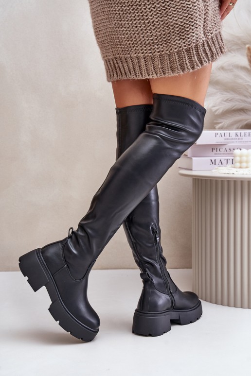 Black over-the-knee boots with platform made of faux leather Loreviana
