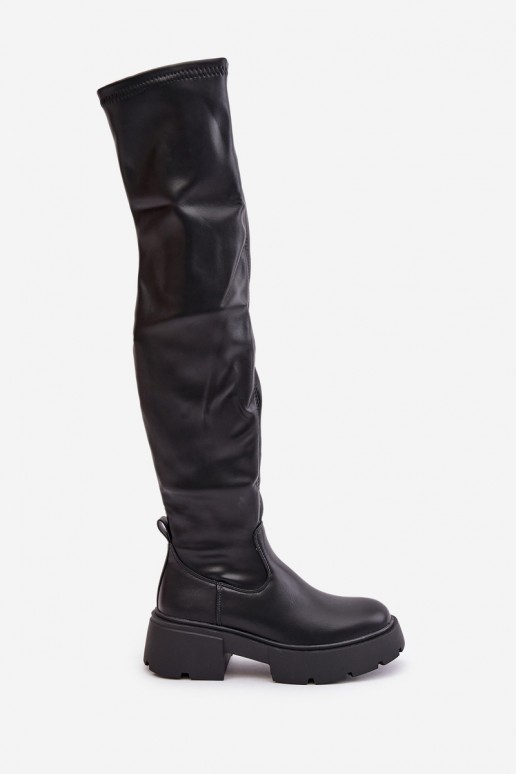Black over-the-knee boots with platform made of faux leather Loreviana
