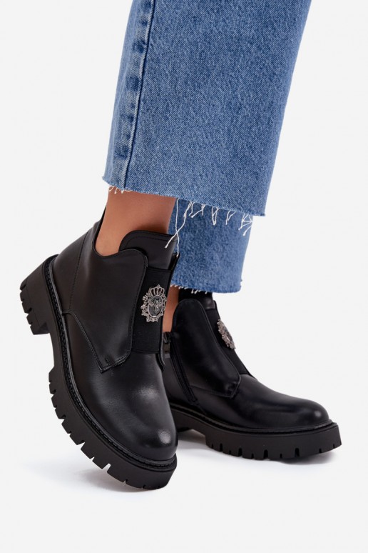 Black insulated low-heeled boots for women with ornaments Lavira