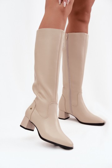 Sand-colored insulated women's over-the-knee boots made of leather with heels 2
