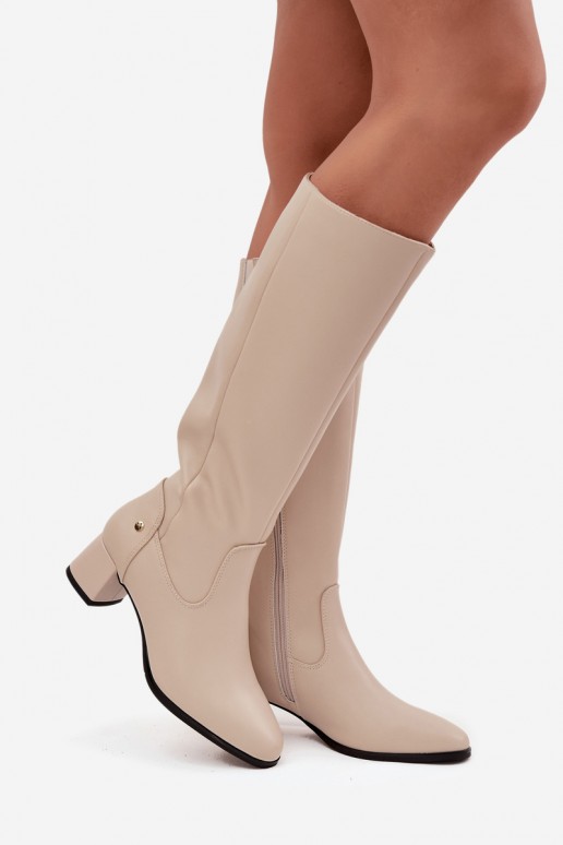 Sand-colored insulated women's over-the-knee boots made of leather with heels