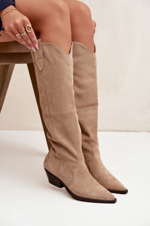 Warm long cowboy-style boots with heels in faux suede sand color Jovianne