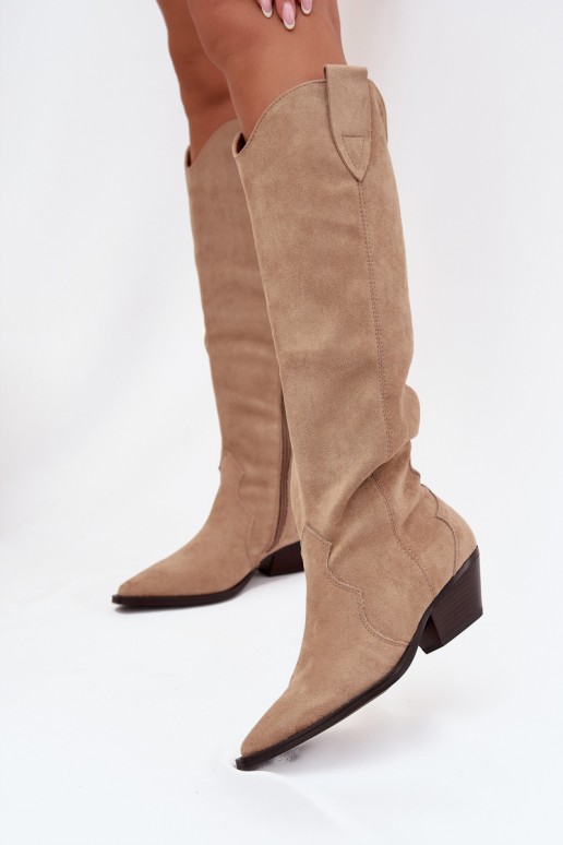 Warm long cowboy-style boots with heels in faux suede sand color Jovianne