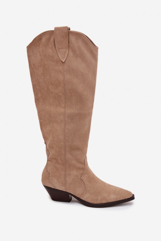 Warm long cowboy-style boots with heels in faux suede sand color Jovianne