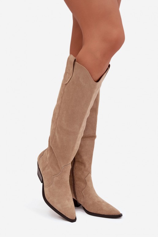 Warm long cowboy-style boots with heels in faux suede sand color Jovianne