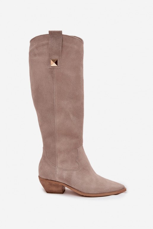 Cappuccino faux suede knee-high cowboy boots with lining Zazoo 4224